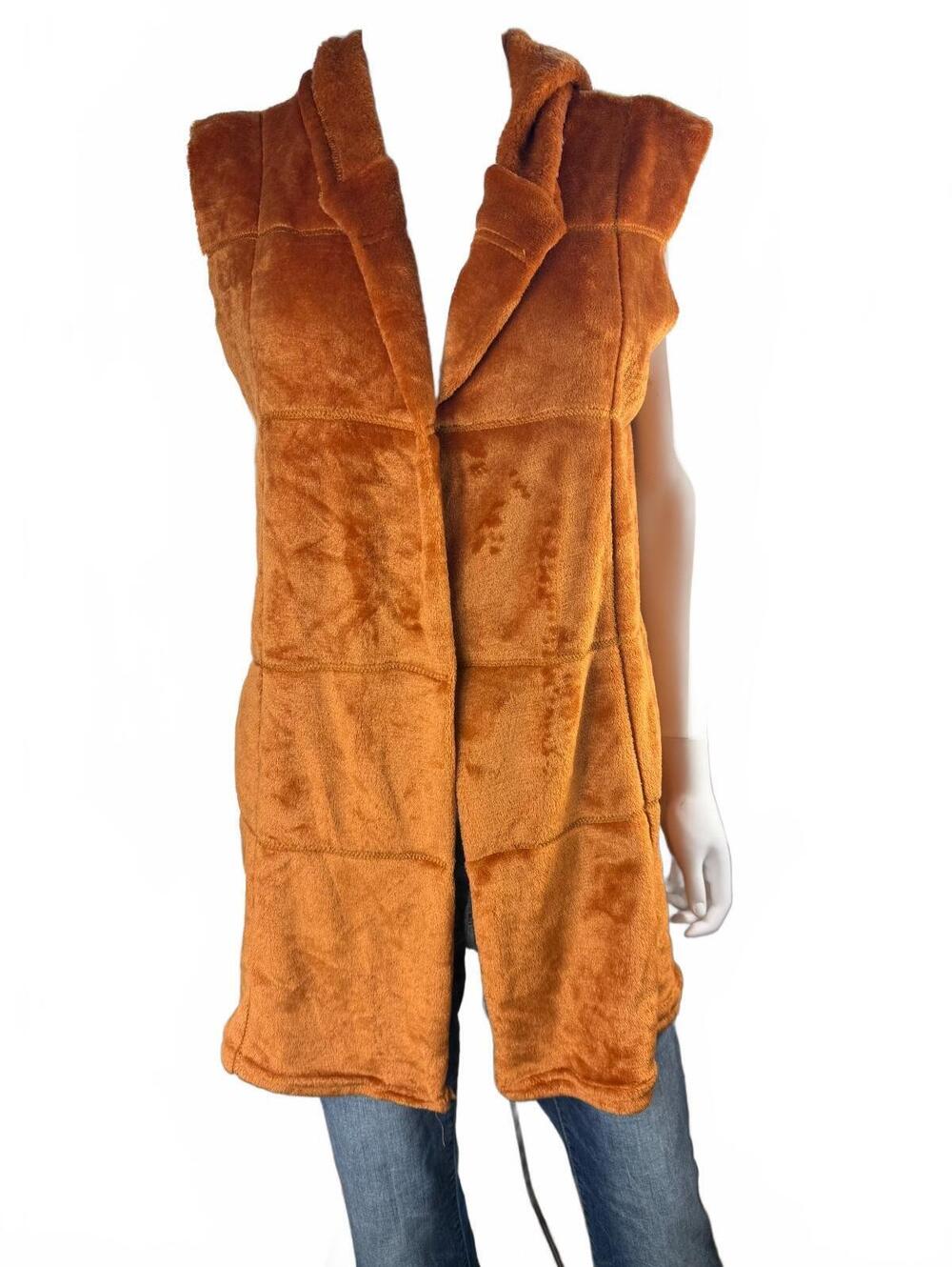 Camisa Women's Hooded Sleeveless Fuzzy Vest in Rust Orange, Size M